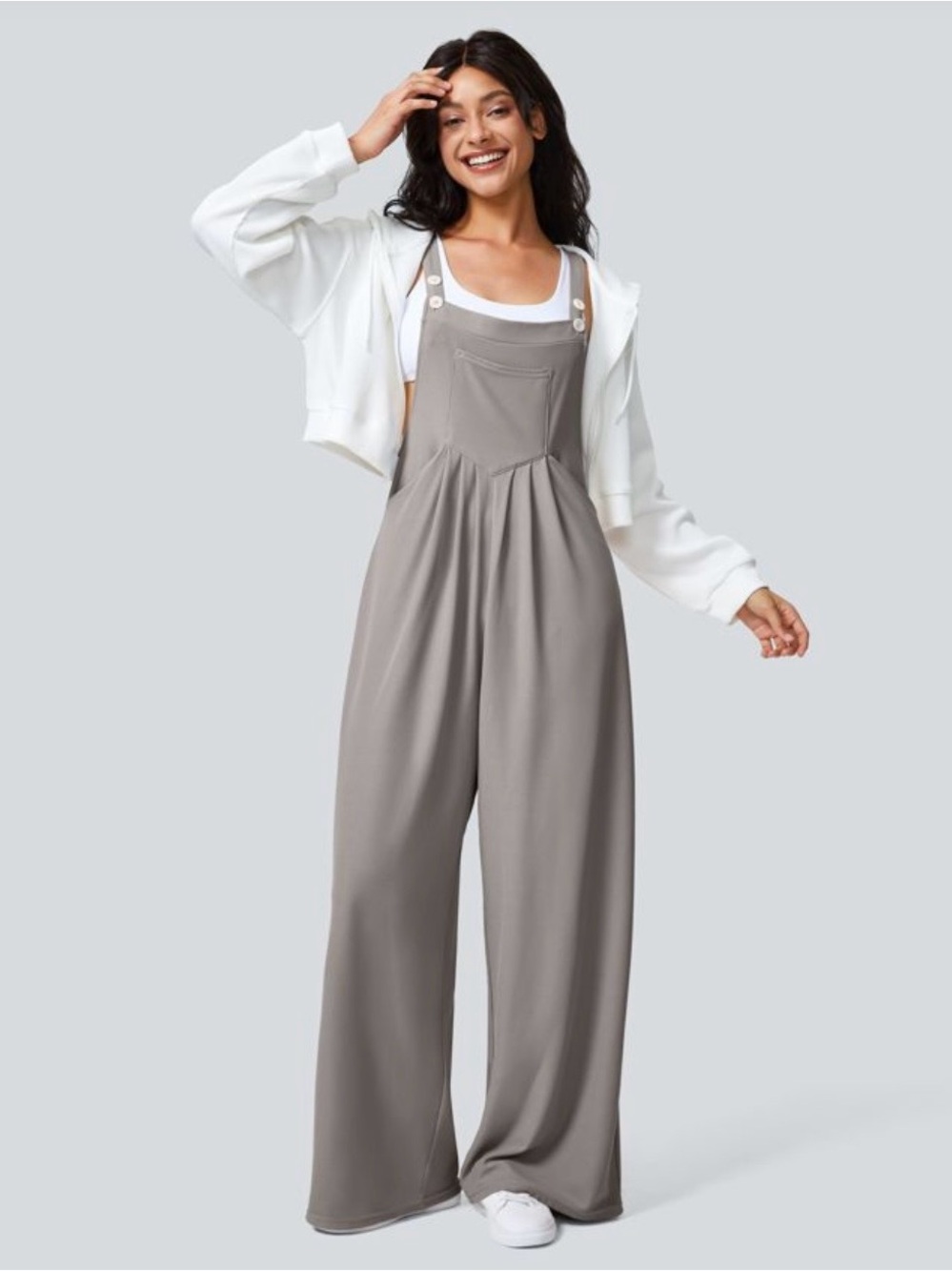 HALARA Women's Wide-Leg Waffle knit Overalls Jumpsuit - Taupe/Grey